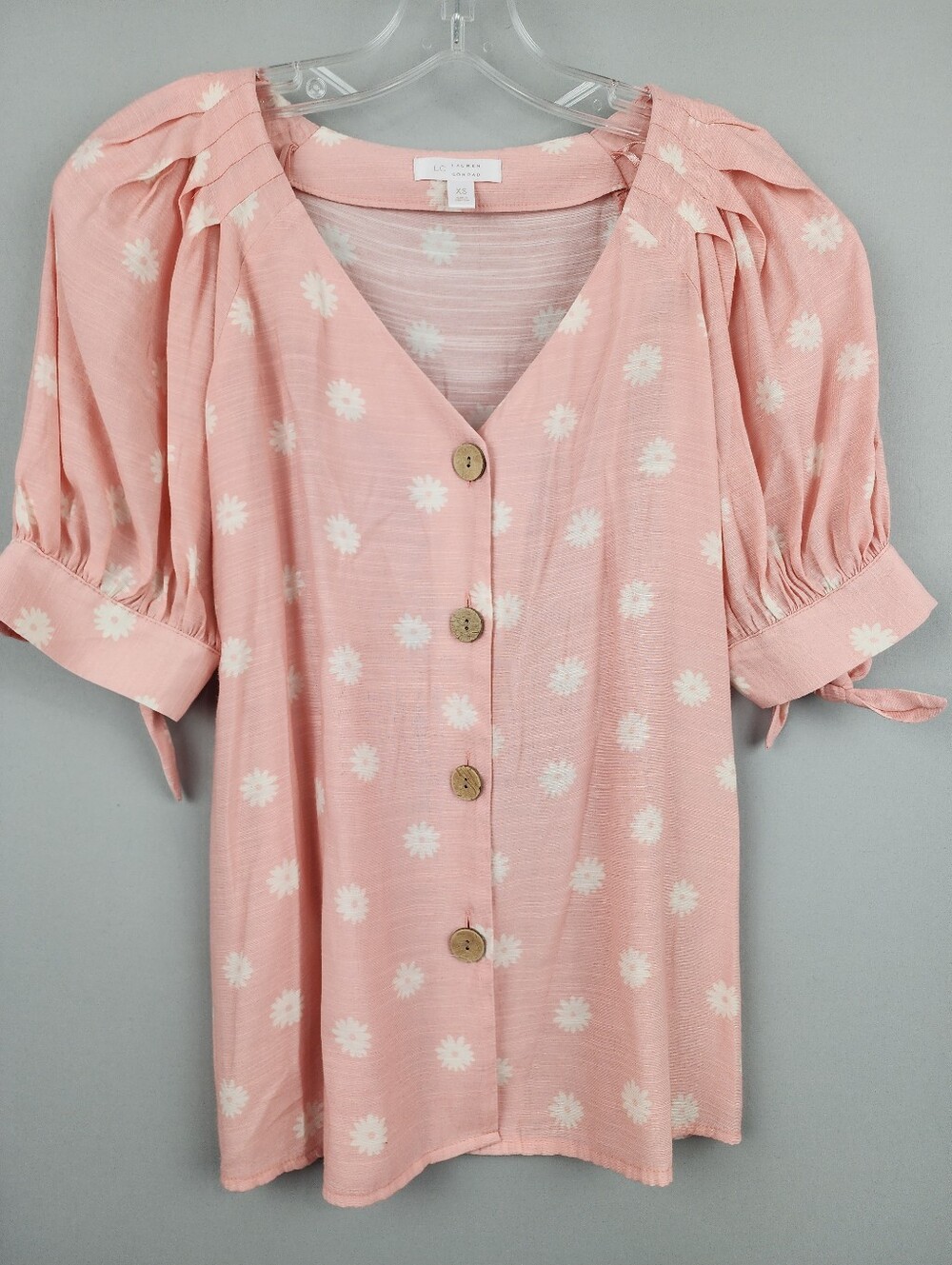LC Lauren Conrad Pink Daisy Shirt Button-Front Puff Sleeve Top Sz XS